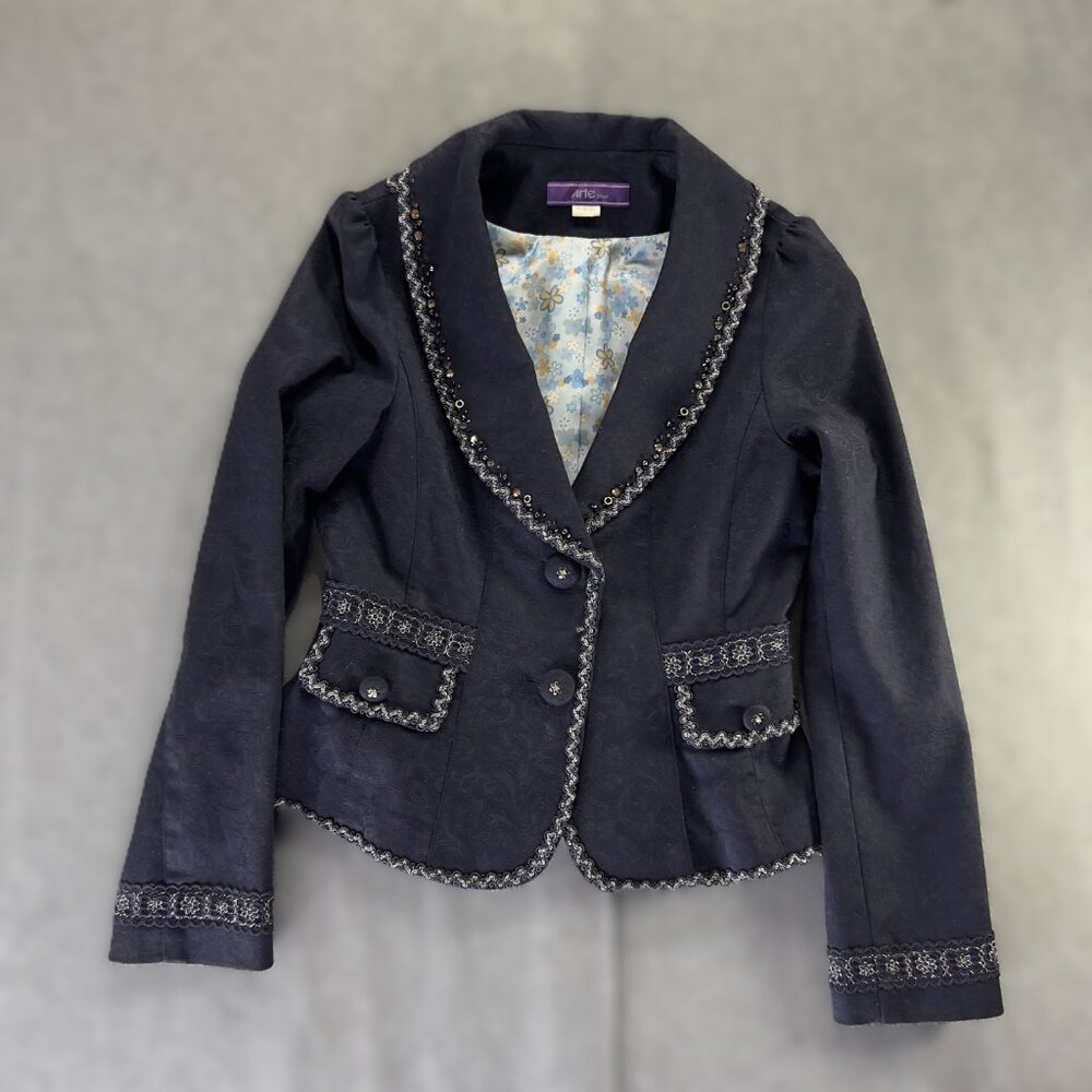 Vintage Y2K Blue Lace Sequence Trim Blazer Sz XS Victorian Cropped Whimsical - Picture 6 of 11
